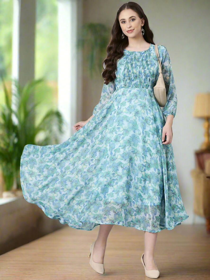 Souchii Blue Floral Chiffon Maxi Dress