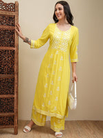 Thumbnail for Vishudh Yellow Floral Embroidered Round Neck Thread Work Straight Kurta With Palazzos