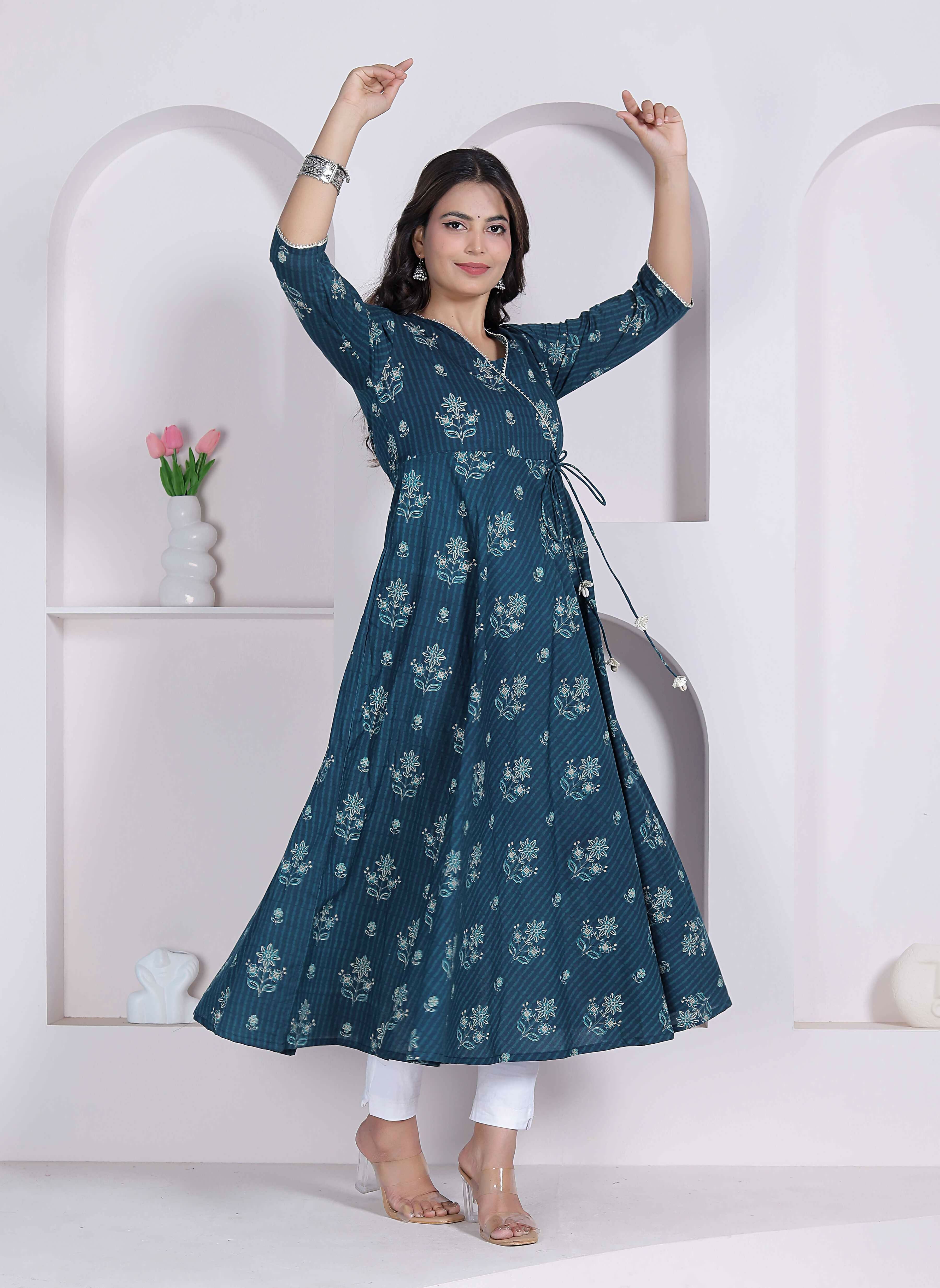 Miravan Womens Blue Ethnic Motifs Printed V-Neck Cotton Angrakha Kurta - Dista