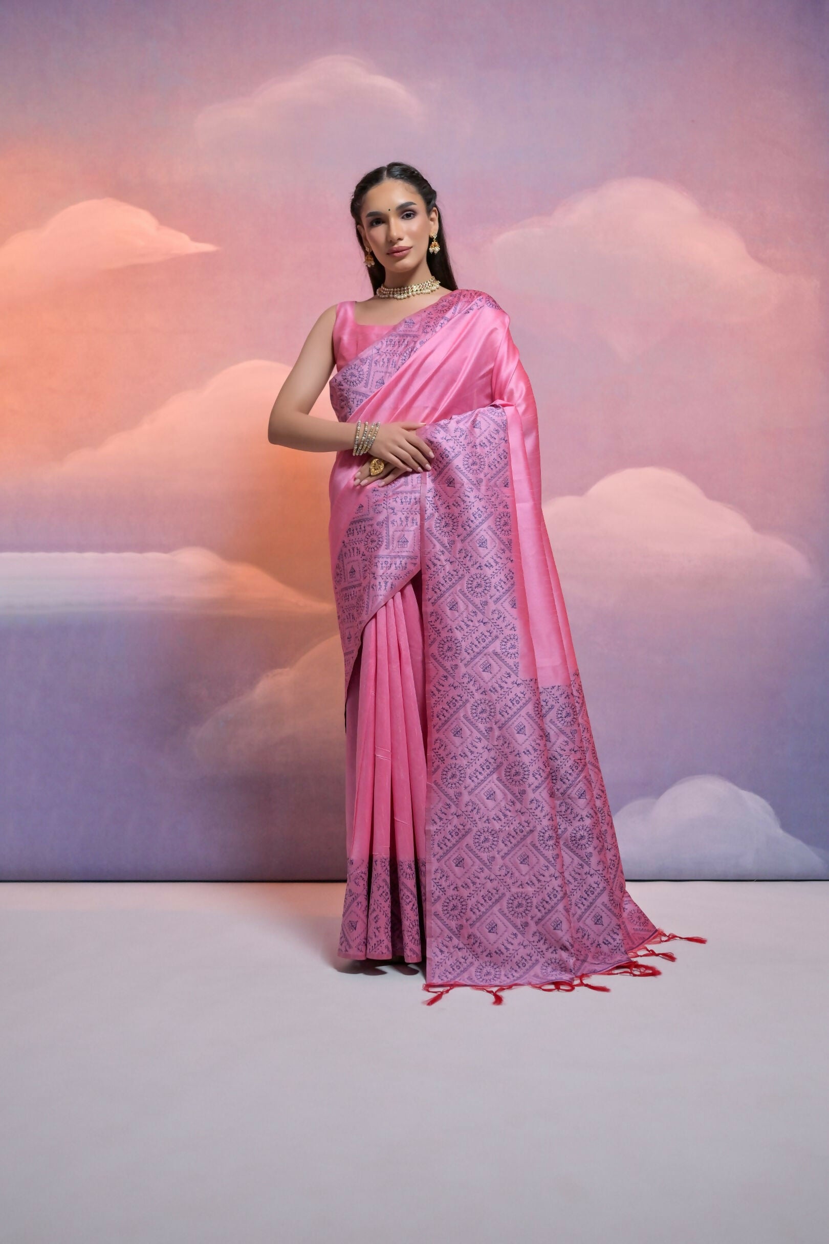 Vishnu Weaves Women's Baby-Pink Handloom Raw Silk Woven Border Saree with Blouse - Distacart