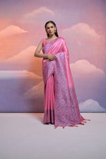 Thumbnail for Vishnu Weaves Women's Baby-Pink Handloom Raw Silk Woven Border Saree with Blouse - Distacart