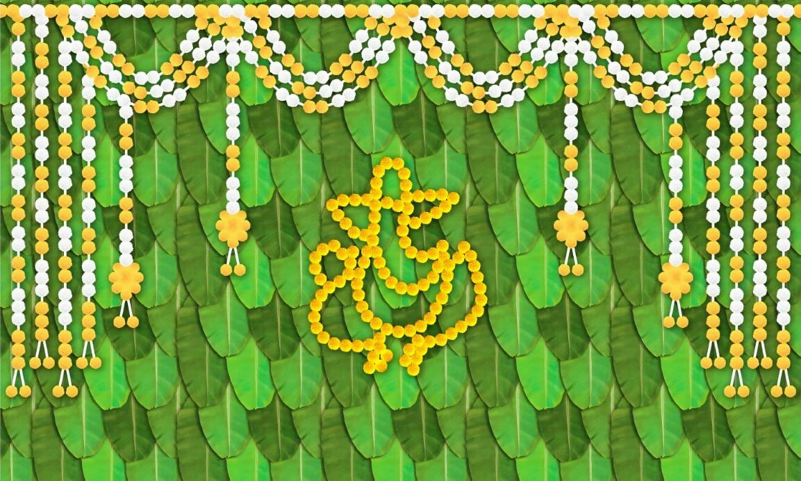 Sri Yagnaa M 33 – Ganesh Banana Leaf Backdrop Cloth with Flowers 8 x 5 Ft - Dista