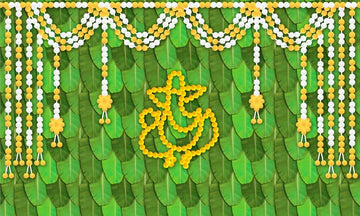 Sri Yagnaa M 33 – Ganesh Banana Leaf Backdrop Cloth with Flowers 8 x 5 Ft - Dista