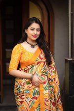 Thumbnail for Mustard Cotton Crepe Batik Print Saree with Unstitched Blouse - Hiral Fashion - Distacart
