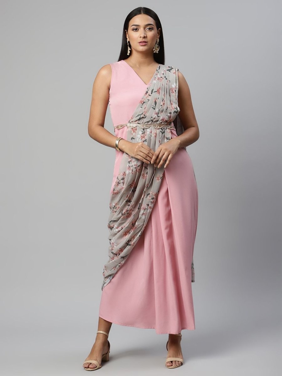 Ahalyaa Women Baby Pink Crepe Georgette Saree Dress With Printed Pallu - Distacart