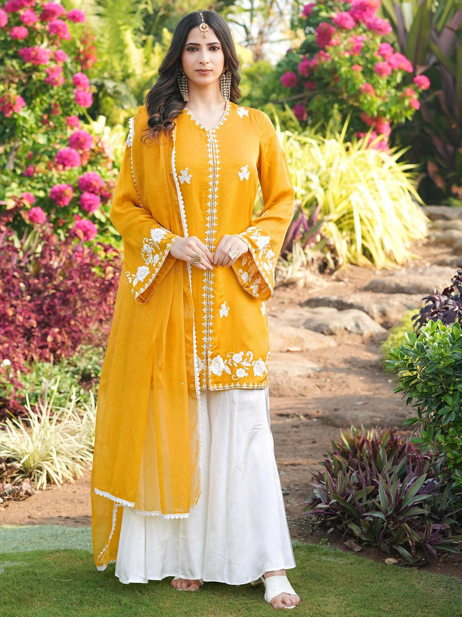 Nikhaar Yellow Embroidered Modal Silk Stitched Straight Cut Kurta Kalidar Palazzo Dupatta Readymade Suit - Dista