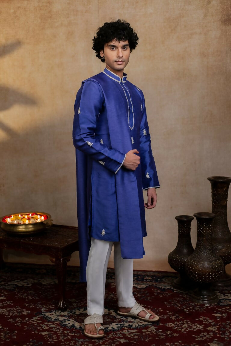Falling Raw Silk Dark Blue Silver Stitches Kurta Set By Hilo Design - Distacart