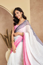Thumbnail for Vastranavya White Digital Printed Linen Ready To Wear Designer Saree with Unstitched Blouse - Distacart