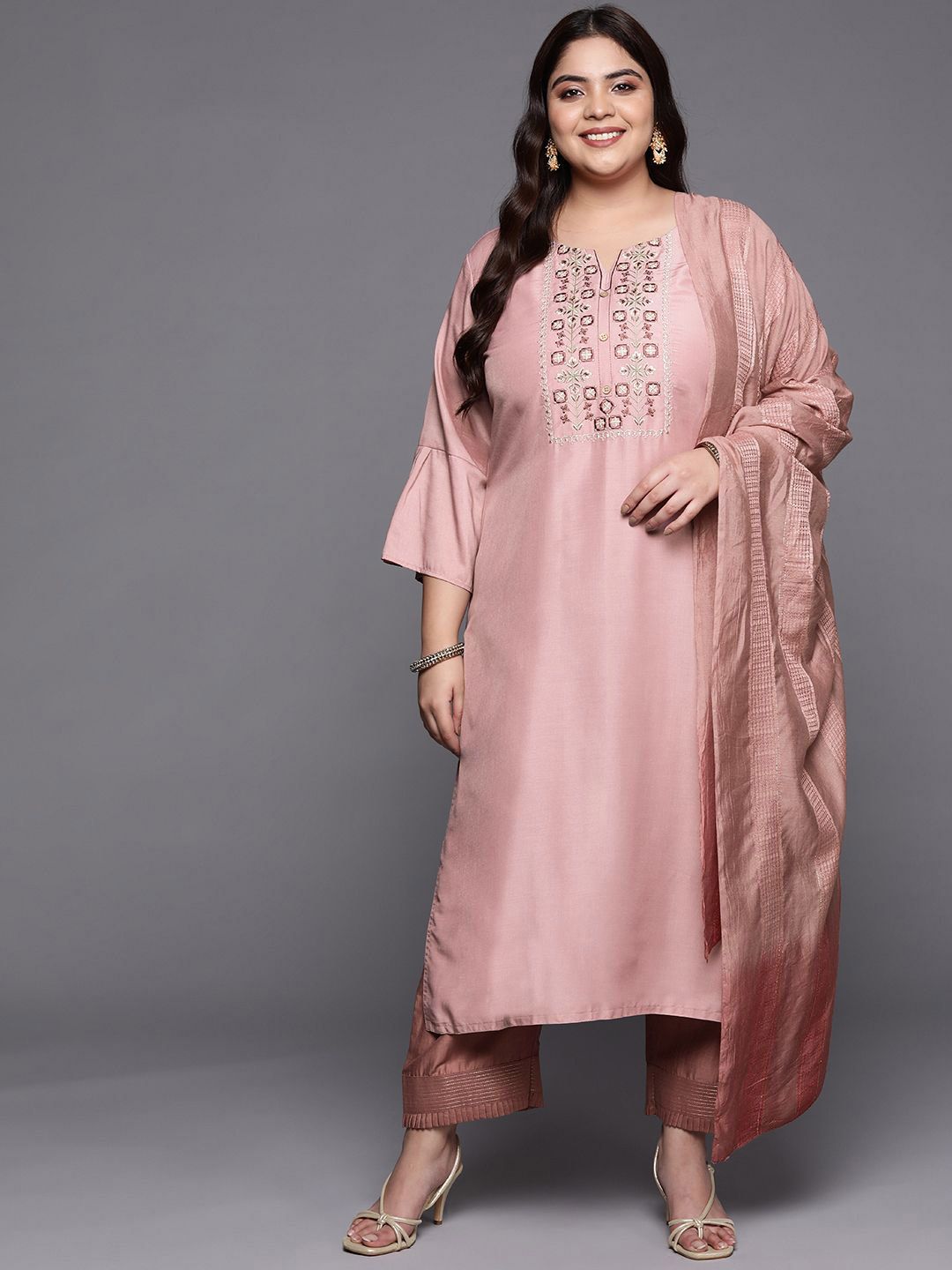 Sztori Plus Size Geometric Yoke Design Straight Kurta & Trousers With Dupatta - Distacart