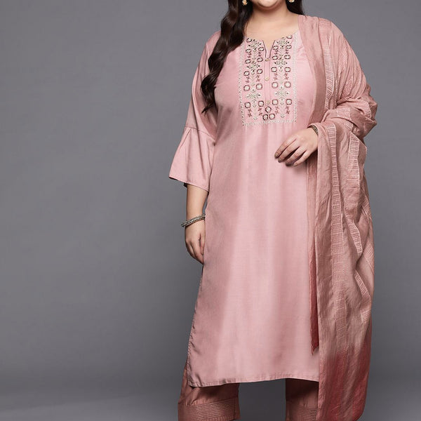 Sztori Plus Size Geometric Yoke Design Straight Kurta & Trousers With Dupatta - Distacart