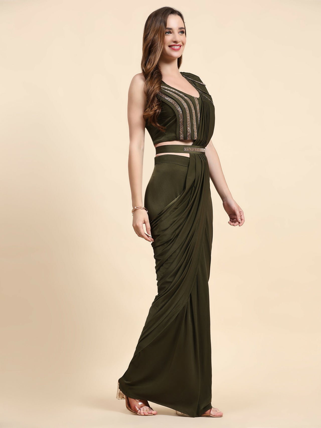 Green Polyester Solid Ready to Wear Saree with stitched Blouse - Nita - Distacart