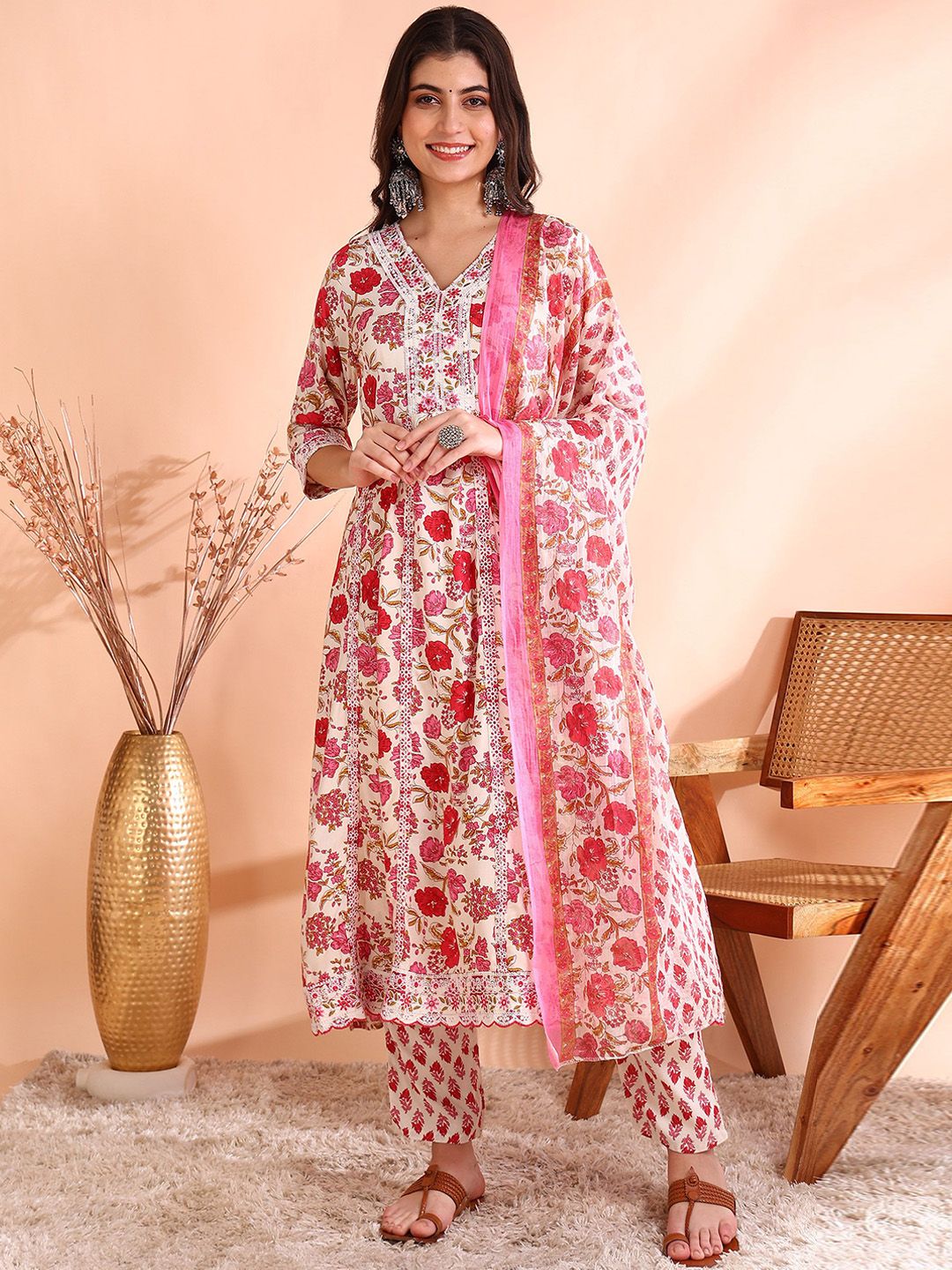 Ode by House of Pataudi Thread Work Pure Cotton Anarkali Kurta with Trousers & Dupatta - Distacart