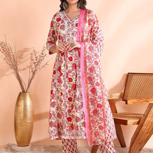 Ode by House of Pataudi Thread Work Pure Cotton Anarkali Kurta with Trousers & Dupatta - Distacart