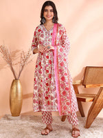Thumbnail for Ode by House of Pataudi Thread Work Pure Cotton Anarkali Kurta with Trousers & Dupatta - Distacart