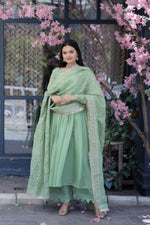 Thumbnail for Jyoti Fashion Women's Pista Tabby Silk Designer Kurta with Trouser & Dupatta - Distacart