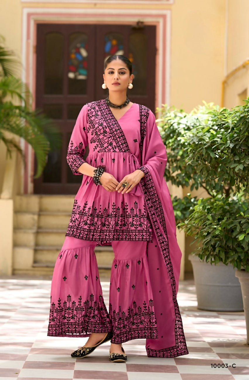 Anaita Rani Pink Chinon Readymade Sharara Suit with Embroidery Work - Distacart
