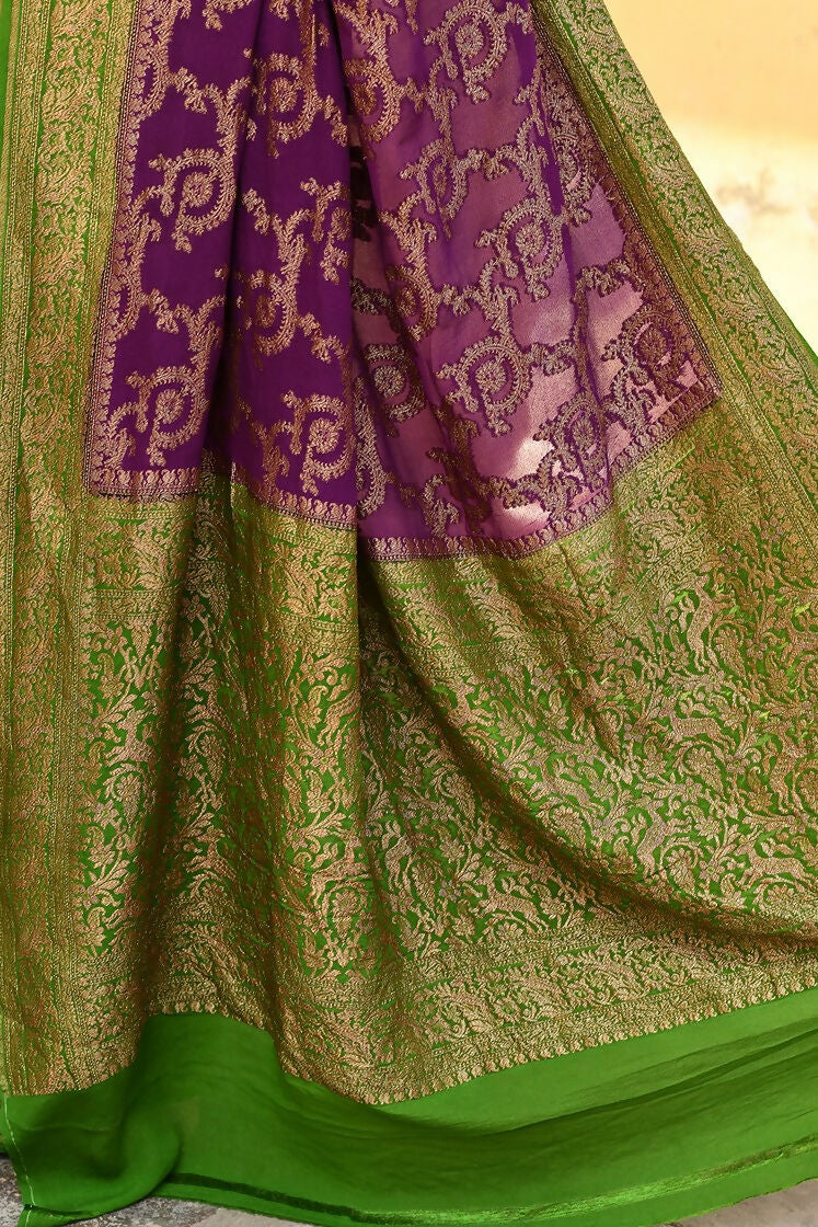 Joban Fashion Purple Crepe Chiffon Pure Handloom Banarasi Silk Saree