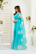 Thumbnail for Vastranavya Sky Blue Digital Printed Linen Ready To Wear Designer Saree with Unstitched Blouse - Distacart
