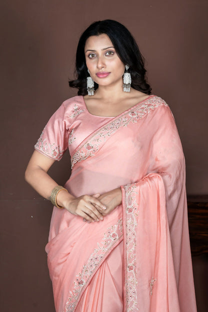 Morchari Peach Chiffon Hand Embroidery Saree Stitched Blouse - Distacart