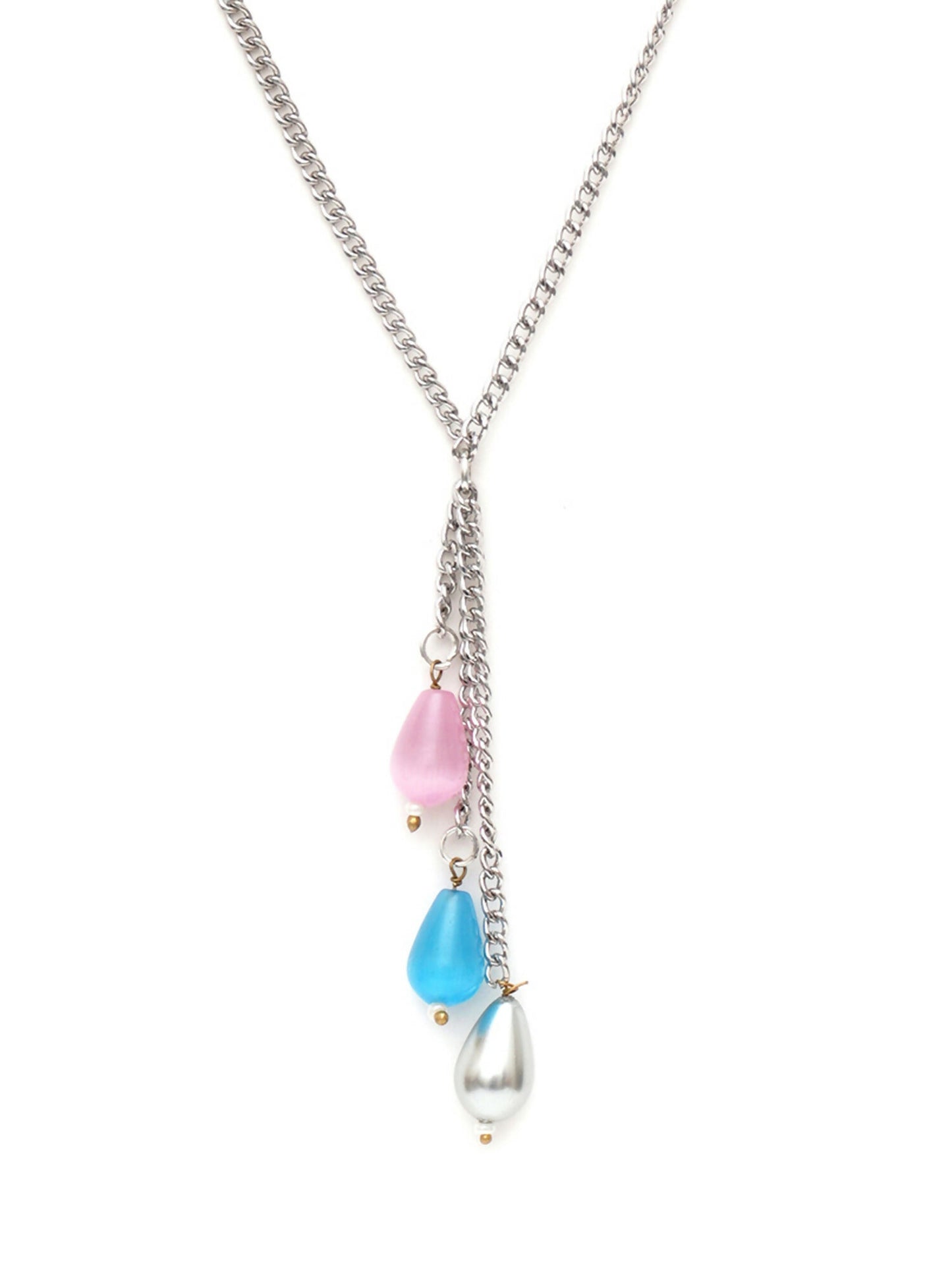 Long Silver Neckpiece with Multi Stones (silver) - Ruby Raang - Distacart
