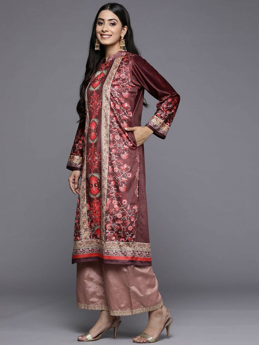 Ahalyaa Women Burgundy & Golden Floral Printed Gotta Patti Floral Velvet Kurta - Distacart