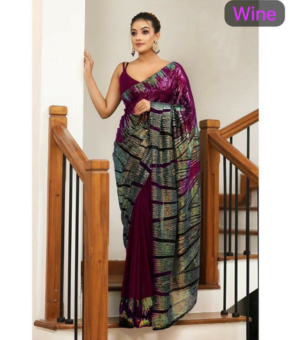 Arfa Fashion House Wine Georgette Sequince Saree - Distacart
