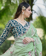 Thumbnail for Teeya Creation Pista Color Pure Paper Silk Heavy Embroidery Work Wedding Wear Saree - Distacart