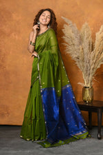 Thumbnail for Very Much Indian Handloom Pure Cotton Silk Saree With Sleek Golden Border - Green - Distacart