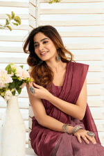 Thumbnail for Joban Fashion Maroon Ethnic Motifs Linen Ready To Wear Saree With Unstitched Blouse - Distacart