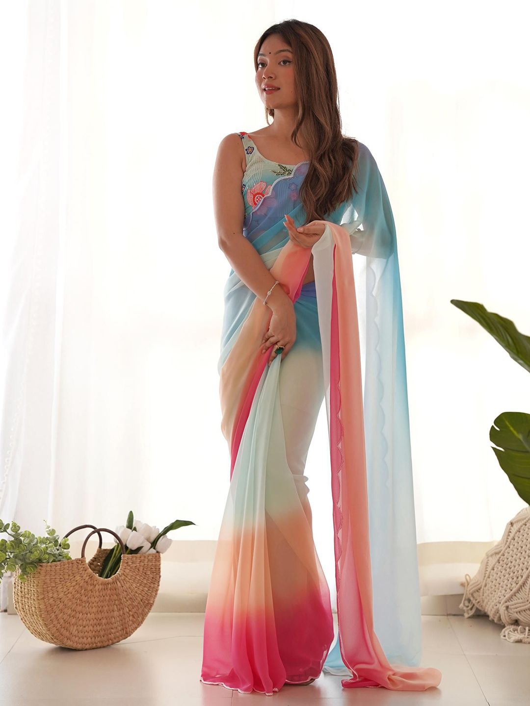 Mitera Embroidered Ombre Pure Georgette Saree - Distacart