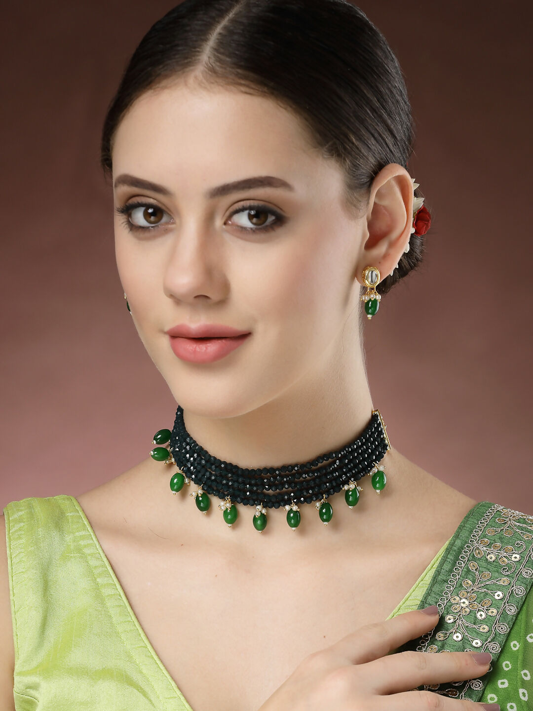 NVR Women's Green Artificial Beads Layered Necklace with Drop Earring - Distacart