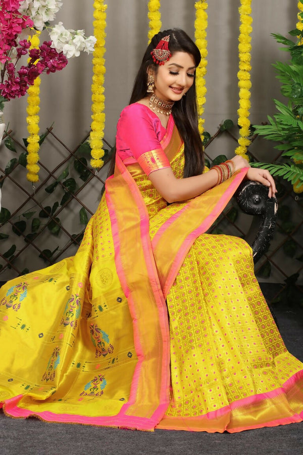 Jyoti Fashion Women's Yellow Banarasi Silk Zari Woven Saree with Blouse - Distacart