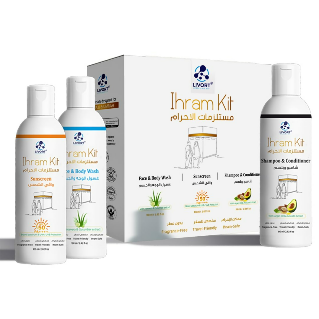 Livort Ihram Kit Hajj & Umrah Face & Body Wash Sunscreen Shampoo & Conditioner - Distacart