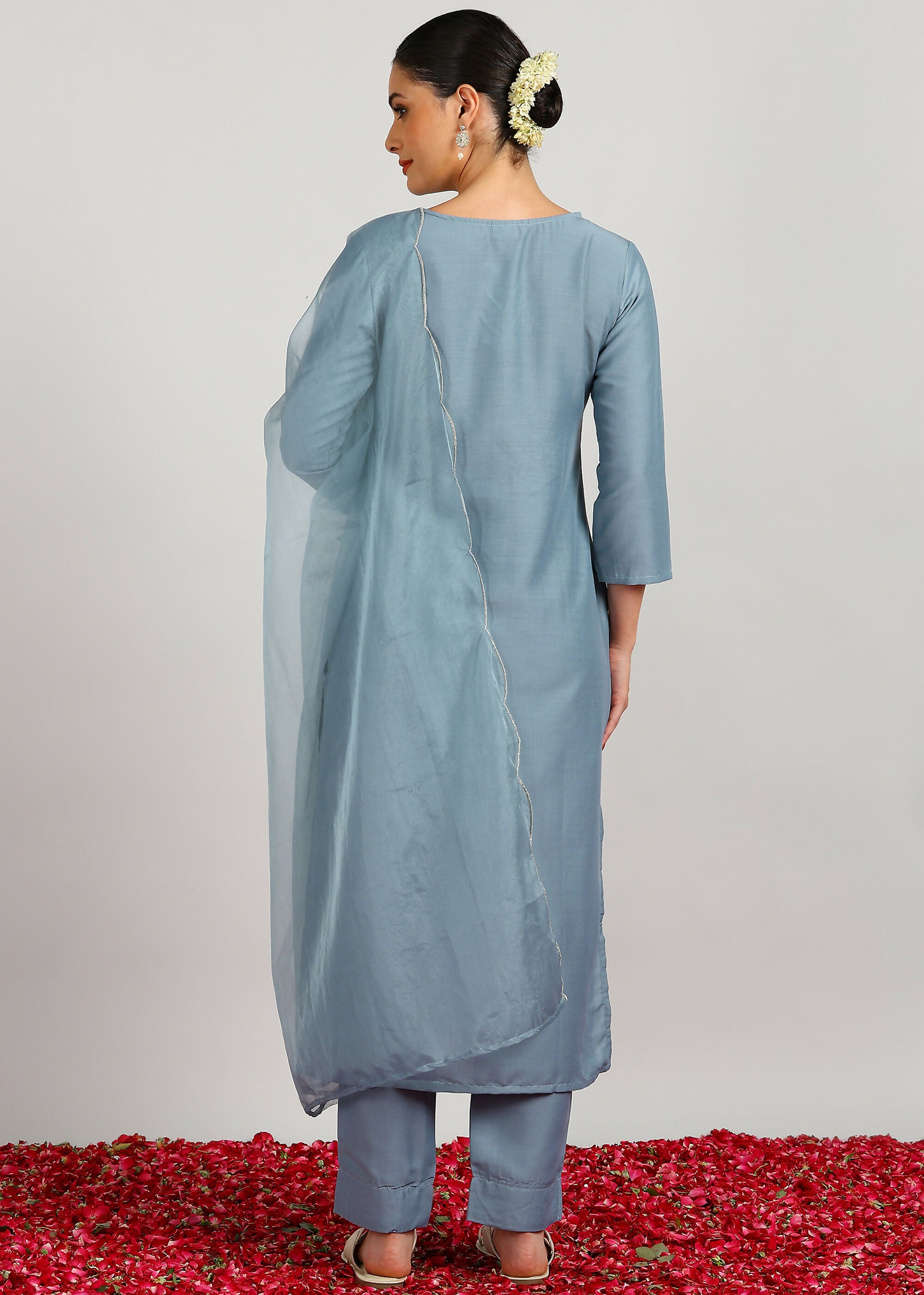 Aavyora Women's Sky Grey Embroidered Kurta Set with Dupatta