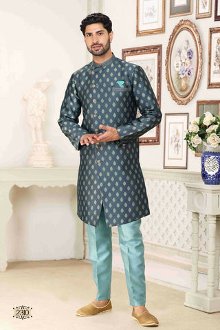 Raivat Ethnic Banarasi Jacquard Embroidery Semi Indo Western Sherwani In Grey Blue Colour
