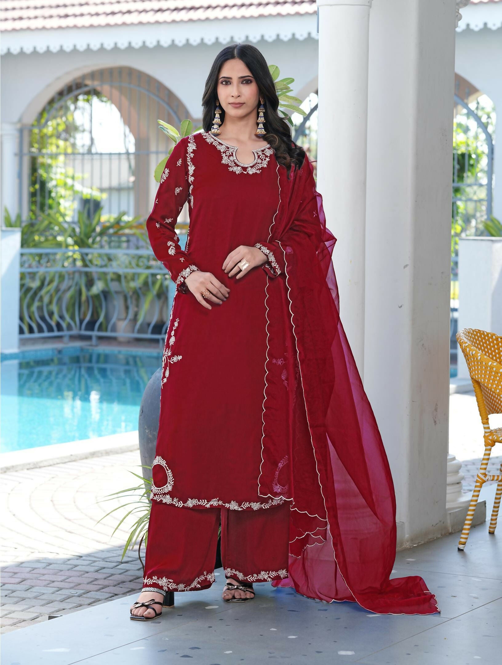 Nikhaar Maroon Embroidered Modal Silk Stitched Straight Cut Kurta Culottes Dupatta Readymade Suit - Dista