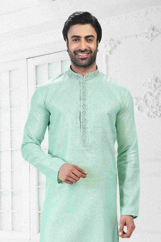 Raivat Ethnic Linen Cotton Thread Work Kurta Pajama In Pista Green Colour - Dista