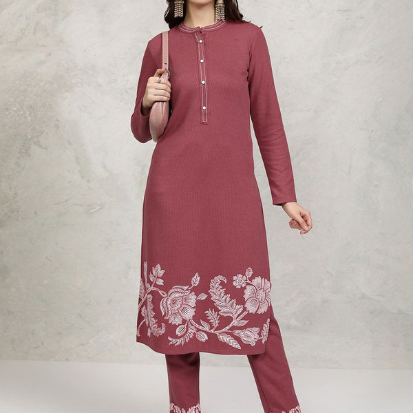 Vishudh Rust Floral Printed Mandarin Collar Straight Kurta with Trousers - Distacart