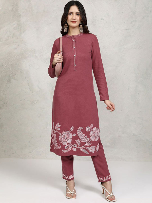 Vishudh Rust Floral Printed Mandarin Collar Straight Kurta with Trousers