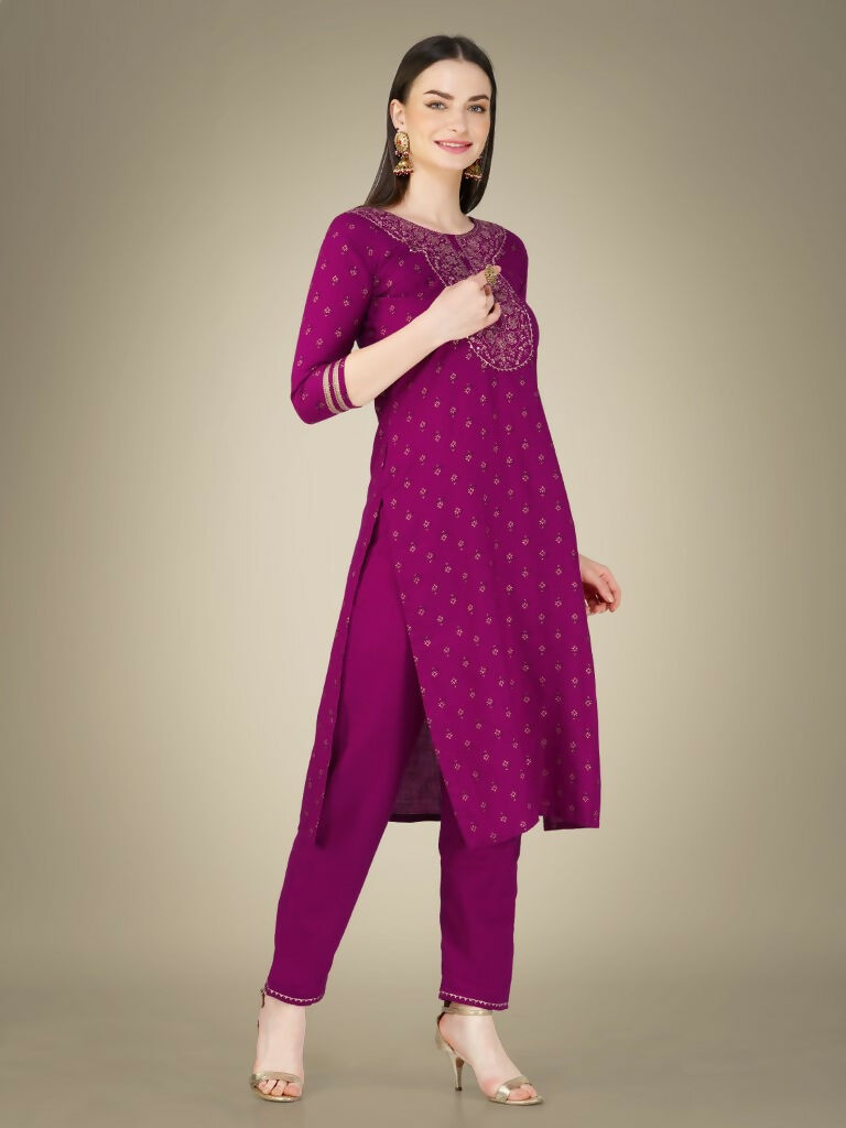 Jyoti Fashion Women's Purple Cotton Magic Slub Embroidery & Sequence work Kurta with Trouser & Dupatta - Distacart