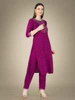 Thumbnail for Jyoti Fashion Women's Purple Cotton Magic Slub Embroidery & Sequence work Kurta with Trouser & Dupatta - Distacart