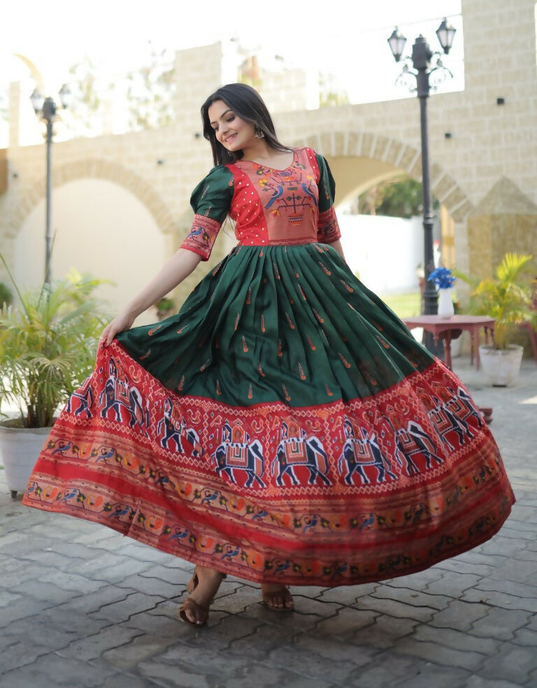 Jyoti Fashion Women's Bottle Green Patola with Foil Print Dola Silk Anarkali Dress - Distacart