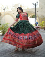 Thumbnail for Jyoti Fashion Women's Bottle Green Patola with Foil Print Dola Silk Anarkali Dress - Distacart