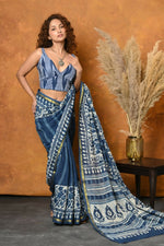 Thumbnail for Very Much Indian Handblock Printed Cotton Saree With Natural Dyes - Blue - Distacart