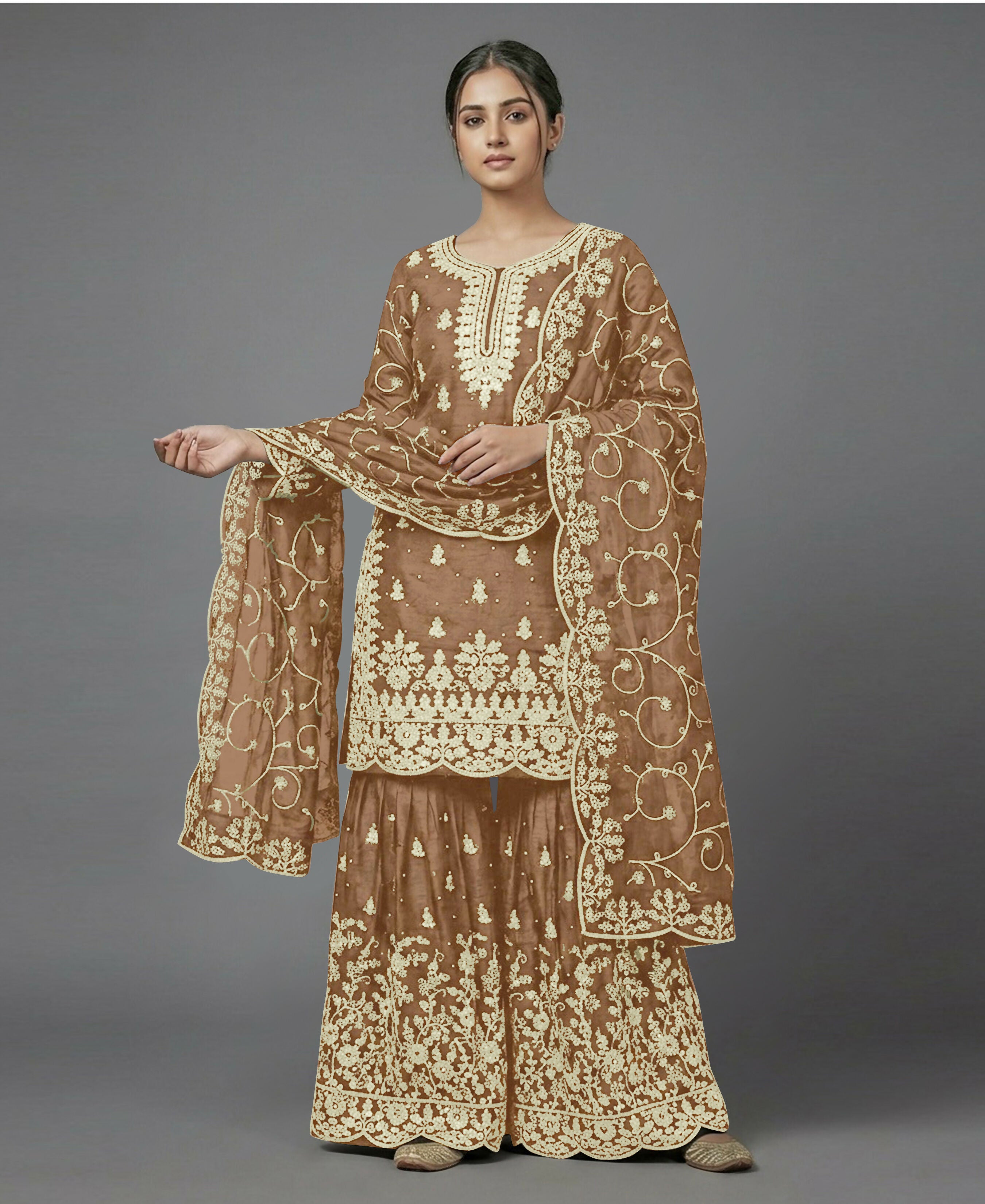 Teeya Creation Womens New Trendy Pure Gmy Silk With Heavy Embroidery Sequence Work Gold Kurta Set - Dista