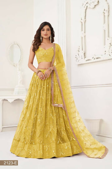 Aastha Fashion Yellow Butterfly Net Tone To Tone Thread Work, Sequence Work And Original Mirror Work Embroidery Wedding Wear Lehenga Choli - Distacart