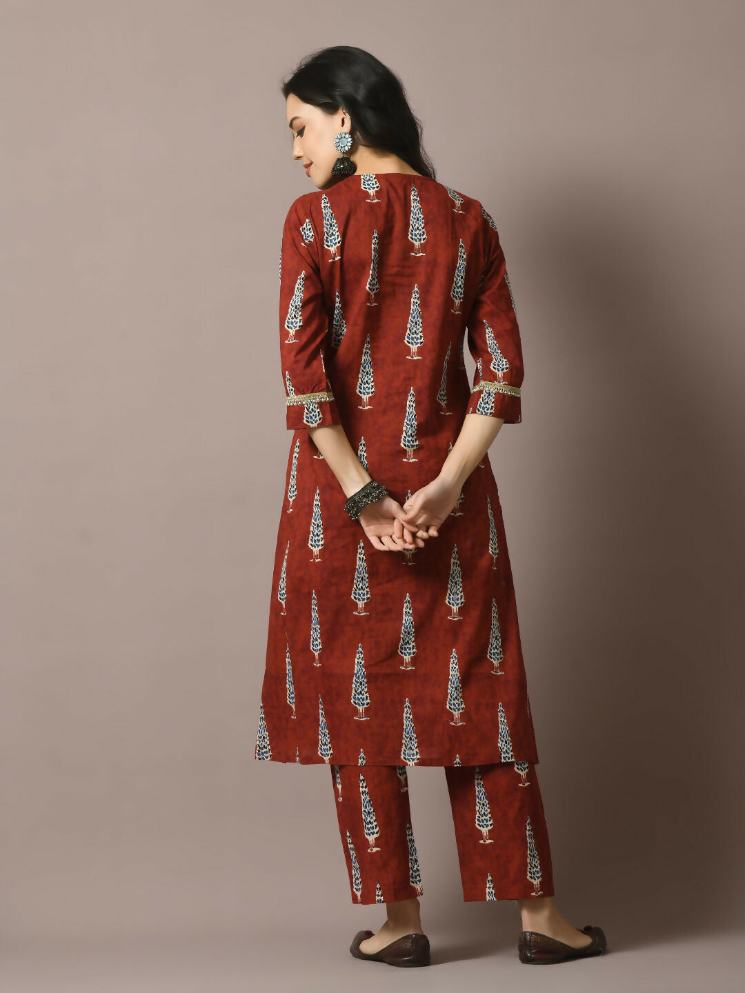 Myshka Women's Rust Printed Cotton Straight Party Kurta Set - Distacart
