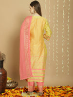 Thumbnail for Jyoti Fashion Women's Yellow Chanderi Silk Elegant Jardoshi Semi Kurta with Trouser & Dupatta - Distacart