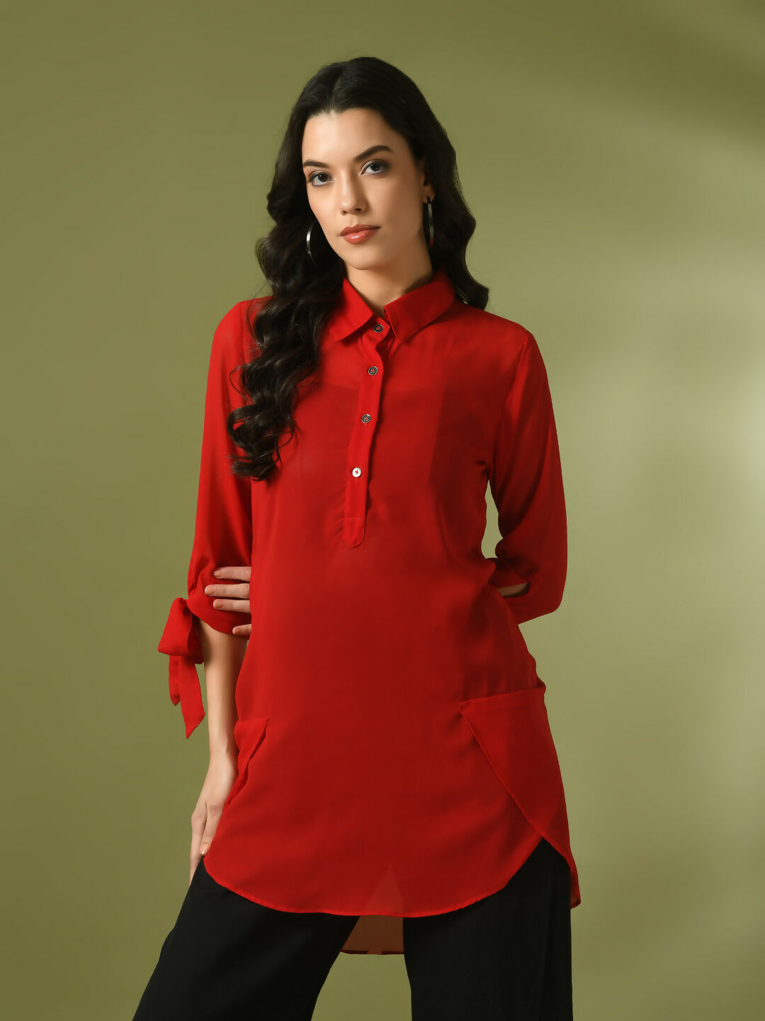 Myshka Women's Red Solid Georgette Longline Party Sheer Tunic - Distacart
