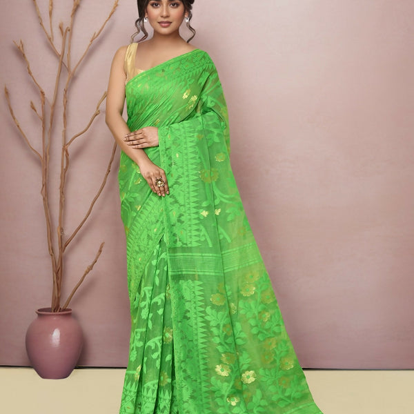Joban Fashion Green Cotton Blend Jamdani Saree - Dista